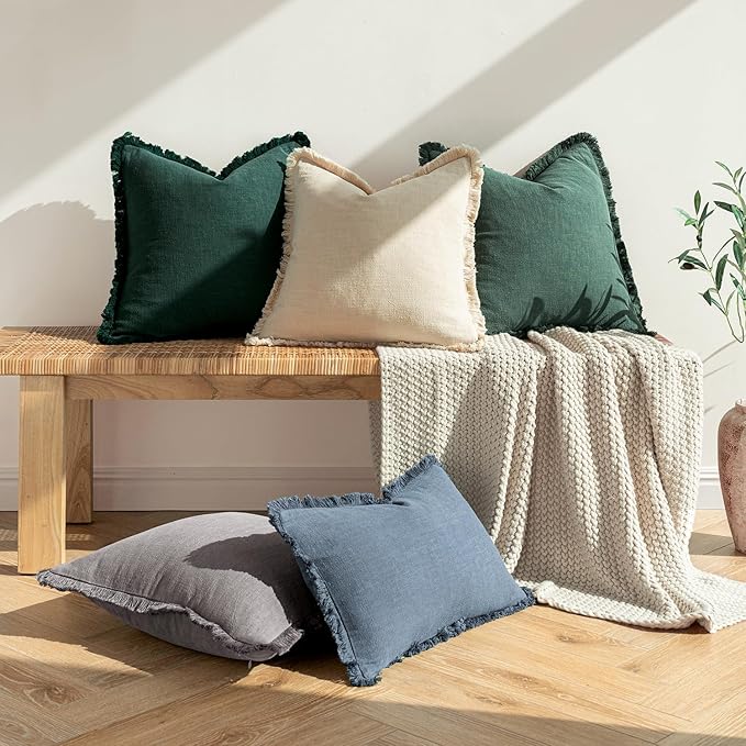MIULEE Christmas Decorative Throw Pillow Covers Neutral Linen Fringe Throw Pillows Set of 2 Army Green Boho Farmhouse Cushion Covers with Tassels for Couch Sofa Bed Living Room Home Decor 18x18 Inch