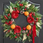 Pre-lit Christmas Wreaths for Front Door- 24 Inch Outdoor Christmas Wreath with Lights,Green Lighted Xmas Door Wreath with Pinecones,Red Flowers and Orange Berries for Holiday Decor
