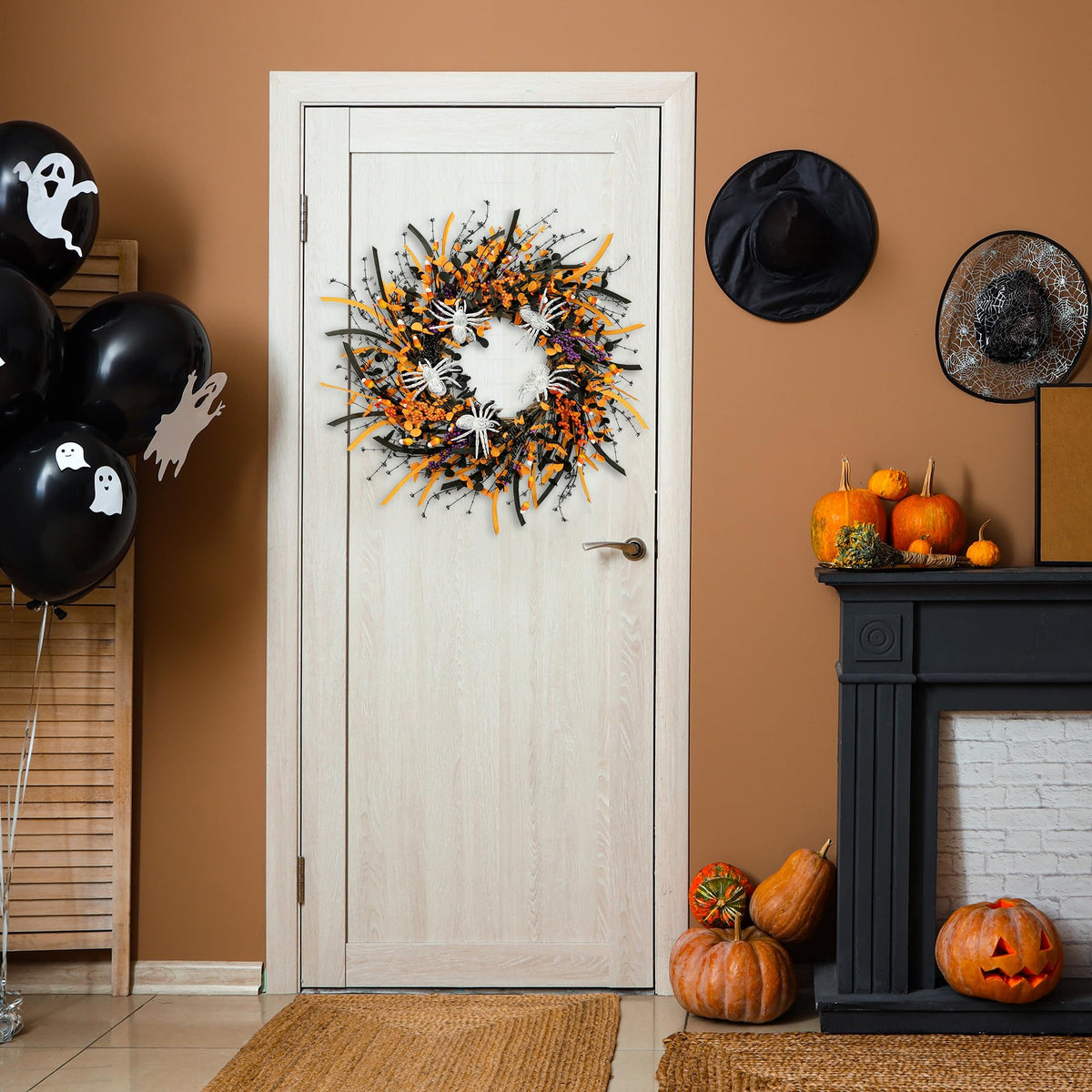 Sggvecsy Halloween Wreath 23inch with Artificial Spider Handmade Black Orange Leaves Orange Purple Berries Teeth Front Door Decorations for Outdoor Home Halloween Festival Decoration