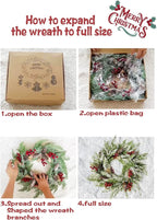 Artificial Christmas Wreath with Hanger for Front Door with Pine Cone, Red Berries, Burlap Ribbon & Snowflake, Indoor Outdoor Holiday Wall Windows Wreath Flocked with Mixed Decorations 23inch