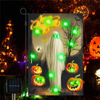 Vigor Home Solar Happy Halloween Lighted Garden Flag Double Sided 12×18 Inch, 8 Modes Led Small Vertical Ghost Pumpkins Spooky Night Yard Flags for Outside Front Porch Lawn Outdoor Decor