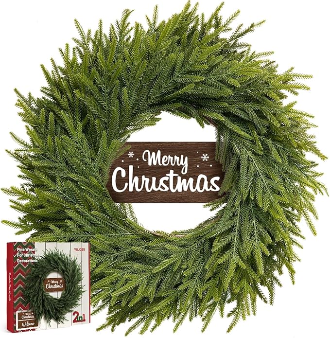 26 Inch Christmas Wreaths for Front Door, Real Touch Norfolk Pine Wreath with Welcome Sign, Large Festive Green Wreath for Farmhouse, Porch, Windows, Wall, Table, Indoor, Outdoor, Home Decor