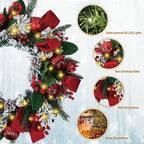 Solar Christmas Wreath 28 Inch Pre-Lit Solar 50 Led Artificial Wreath Outdoor Front Door Window Christmas Decorations with Frosted Branches Pine Cones Red Velvet Bows Balls (2809)