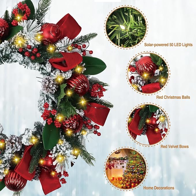 Solar Christmas Wreath 28 Inch Pre-Lit Solar 50 Led Artificial Wreath Outdoor Front Door Window Christmas Decorations with Frosted Branches Pine Cones Red Velvet Bows Balls (2809)