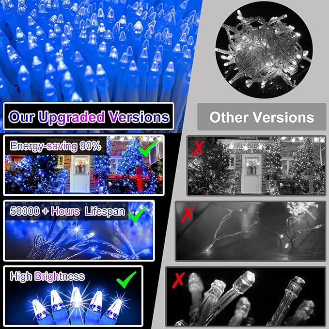 750 LED 256FT Christmas String Lights Outdoor, Christmas Light with 8 Lighting Modes& Timer & Memory, Plug in Outdoor Waterproof Clear Wire Twinkle Light for for Xmas Yard Tree Party Decor Blue