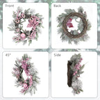 20" Christmas Wreaths for Front Door, Artificial Christmas Wreath Decoration with Lights, Winter Wreaths with Pine Cones,Bow,Balls Ornaments for Indoor Outdoor Home Decor (Pink)