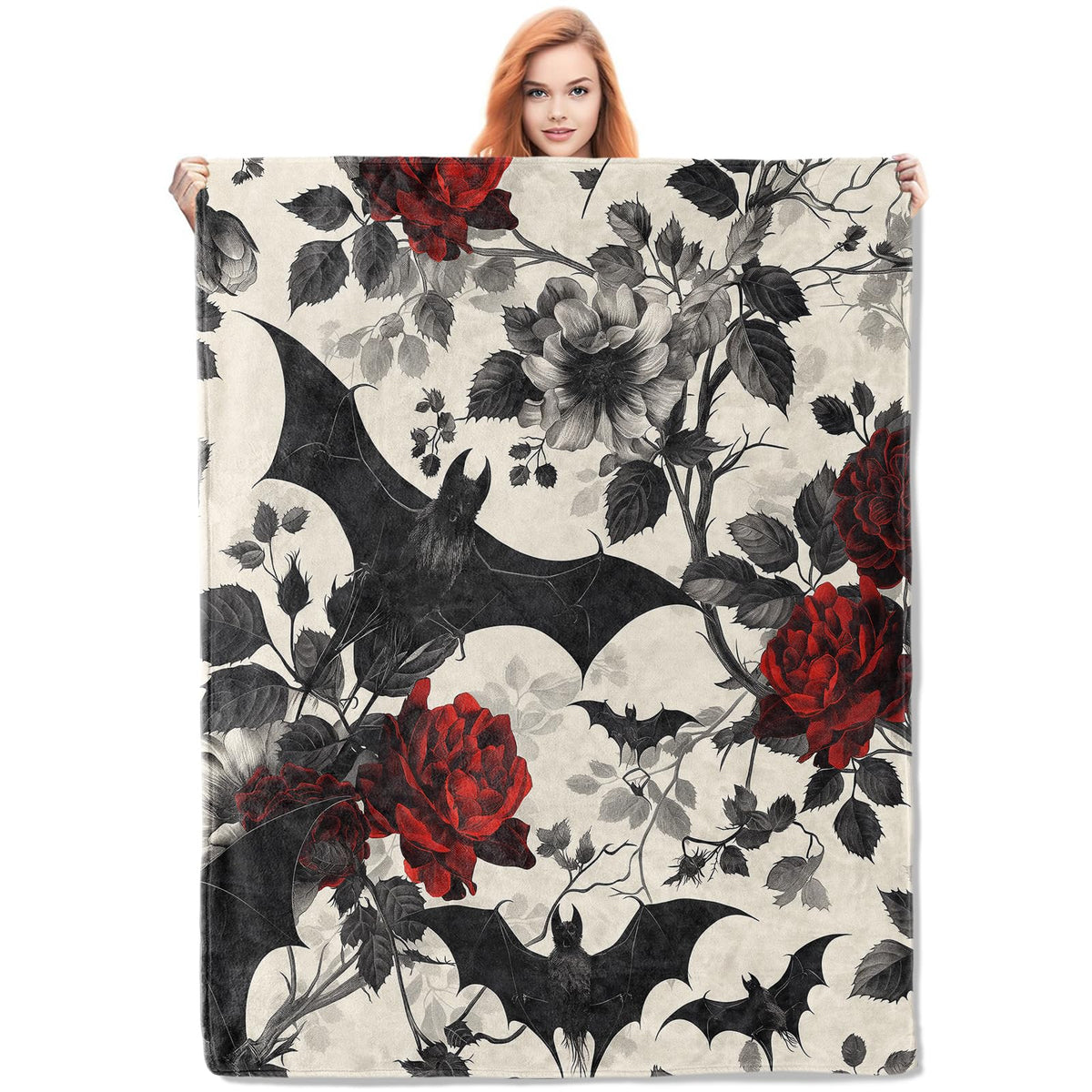VANZEV Gothic Floral Blanket,Roses and Bat Flannel Throw Blankets,Soft Warm Lightweight Cozy Plush Halloween Goth Throws for Bedroom Sofa Home Decor Gifts for Women Girls 50"x60"