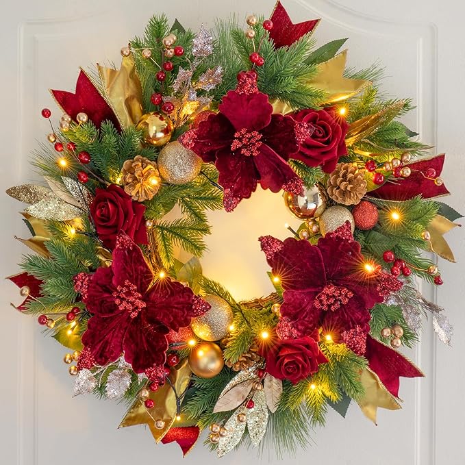 Christmas Wreaths for Front Door, Soomeir 24 Inch Outdoor Christmas Wreath with Lights, Large Prelit Wreath for Holiday Winter Window Outdoor Indoor Xmas