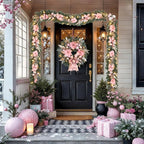 22inch Christmas Pink Wreath for Front Door with 25 LED Lights w/Timer,Elegant Magnolia Christmas Door Wreath,Lighted Festive Winter Decor,Pink Decorations for Wedding