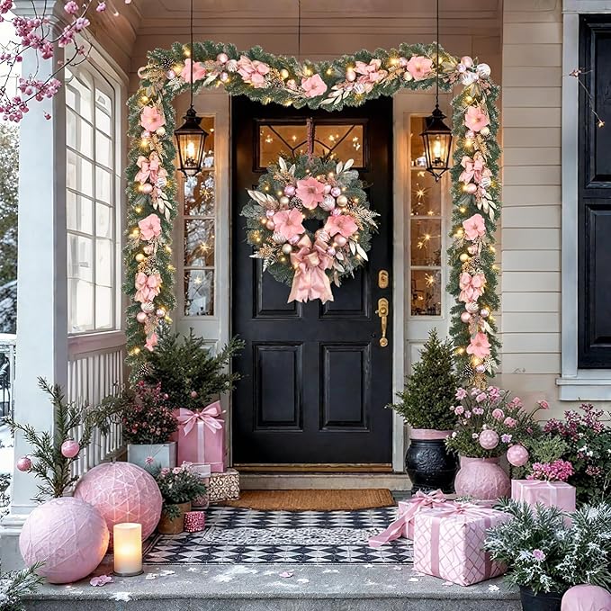 22inch Christmas Pink Wreath for Front Door with 25 LED Lights w/Timer,Elegant Magnolia Christmas Door Wreath,Lighted Festive Winter Decor,Pink Decorations for Wedding