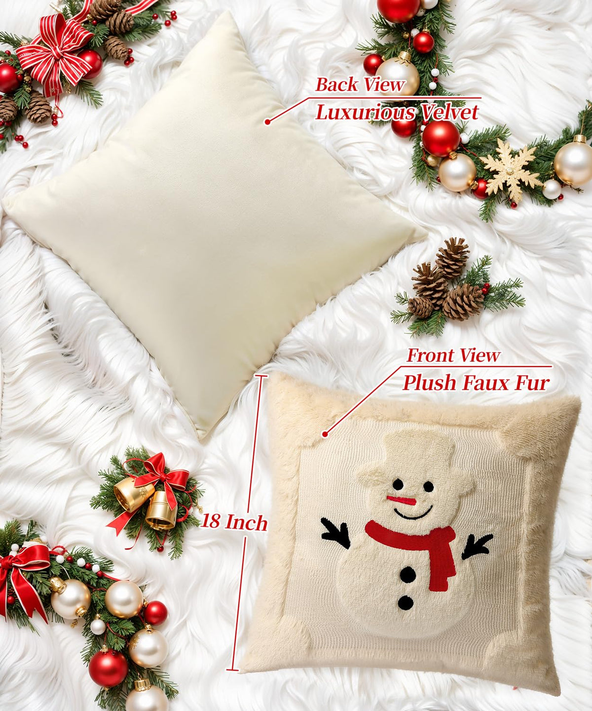 SEGXCFL Christmas Pillow Covers Set of 2 Soft Plush Faux Fur Pillow Cases 3D Embroidered Decorative Couch Cover Home Decor Christmas Throw Pillow Covers 18x18,Beige Snowman