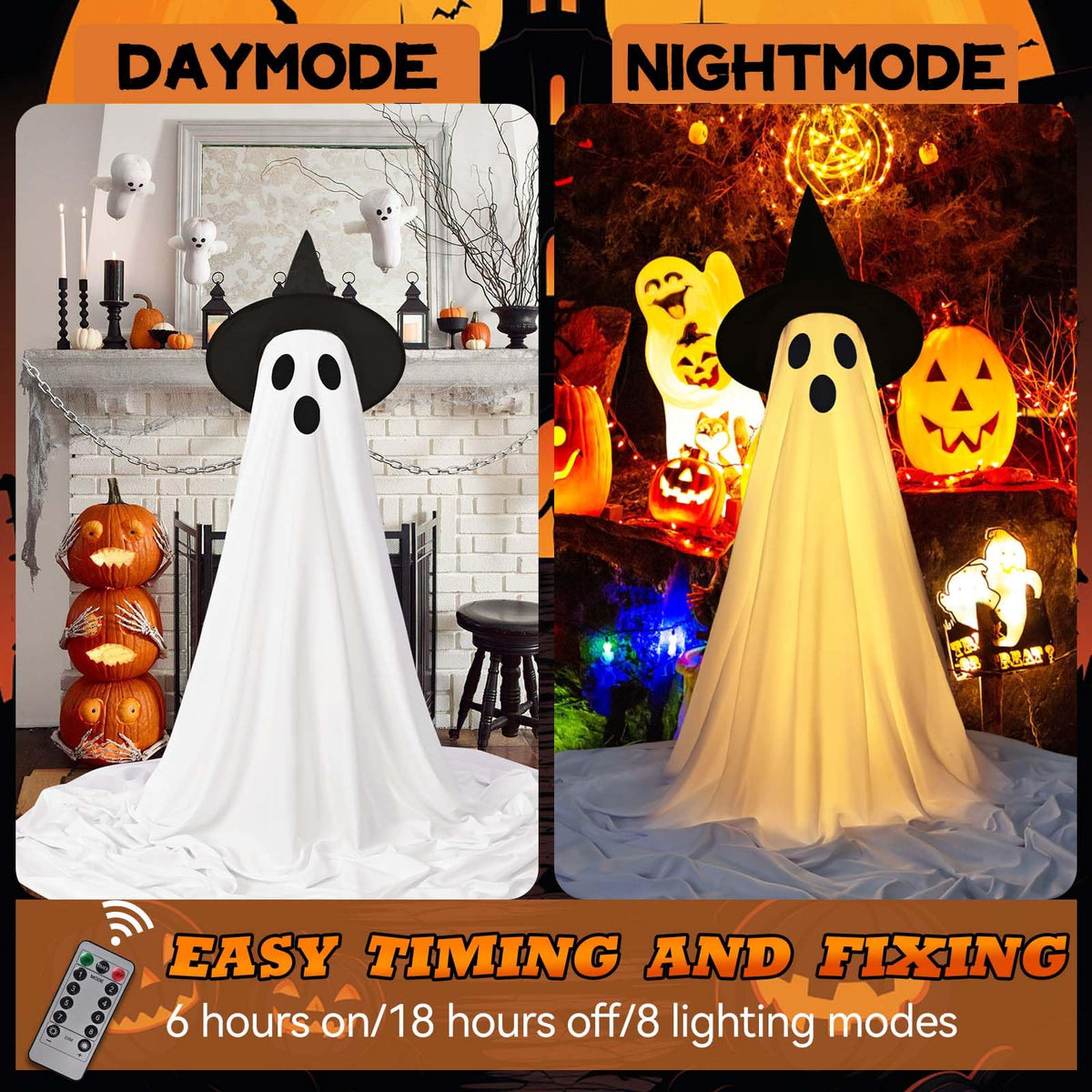2Packs Halloween Decorations Outdoor,Halloweens Ghost Party Decor with Remote Control,Spooky LED String Lights for Outdoor Indoor，Porch, Yard, Garden, Lawn Party (Timer & 8 Lighting Modes)