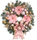 22inch Christmas Pink Wreath for Front Door with 25 LED Lights w/Timer,Elegant Magnolia Christmas Door Wreath,Lighted Festive Winter Decor,Pink Decorations for Wedding