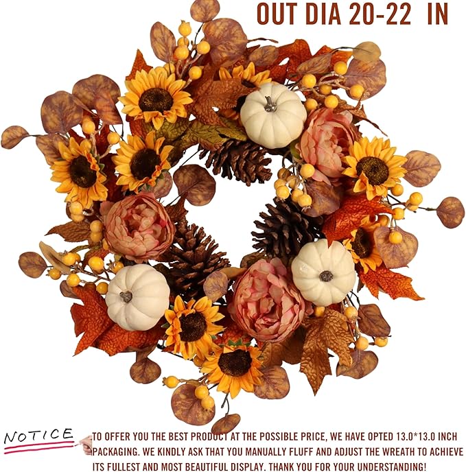 Artificial Fall Autumn Wreath 22 in with Sunflower,Peony,Pumpkin, Eucalyptus Leaf for Front Door Thanksgiving Wreaths Wall Window Harvest Festival Celebration
