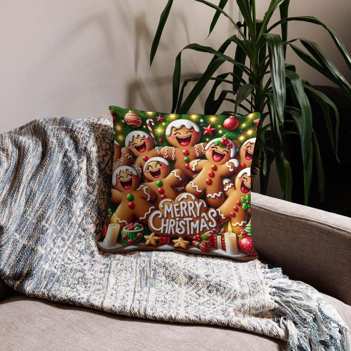 Jiaopenyou Throw Pillow Cover 20x20 Inch,Gingerbread Men Dancing Merry Christmas Decorated with Icing Candies Christmas Tree Throw Pillow Case,Home Decor Cushion Covers for Sofa Living Room Couch Bed