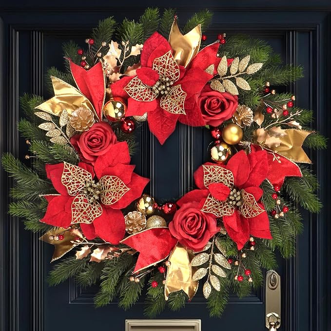 Christmas Wreaths for Front Door,Winter Wreaths for Indoor and Outdoor Christmas Decorations,Christmas Door Wreath with Red Christmas Flowers and Golden Ball,Pine Cones for Christmas Decor