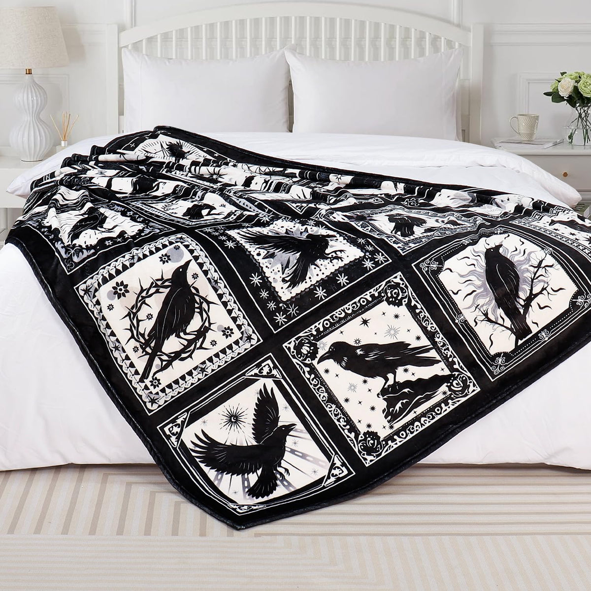 Bird Blanket Halloween Black Gothic Throw Blanket Ultra Soft Retro Hummingbird Blankets Raven Crow Throw Bird Lover Gift Bed Cover Cozy Flannel Fuzzy Plush Couch Cover for Sofa 50" X 60"