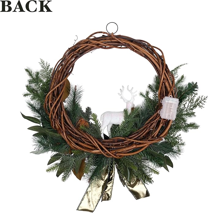 28" Lighted Christmas Wreath for Front Door, Handmade with Pinecones Ornaments Deer Bow, Christmas Wreath Decoration for Home Door Porch Wall Indoor Outdoor