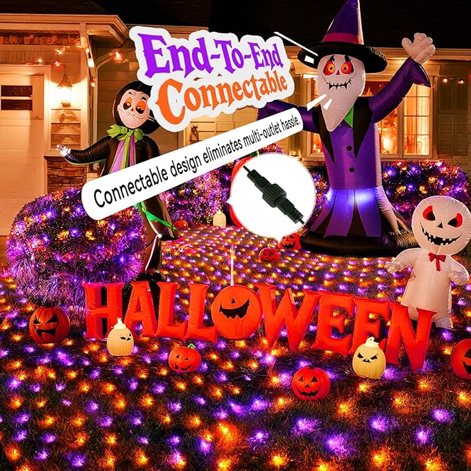 LitHome 21FT x 5FT Halloween Net Lights, 360 LED Purple Orange Bush Lights with 8 Modes, Connectable Waterproof Net Mesh Light Dark Green Wire for Bushes Shrubs Trees Outdoor Holiday Decor
