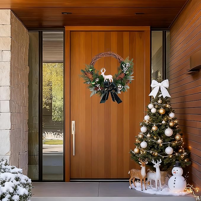 28" Lighted Christmas Wreath for Front Door, Handmade with Pinecones Ornaments Deer Bow, Christmas Wreath Decoration for Home Door Porch Wall Indoor Outdoor