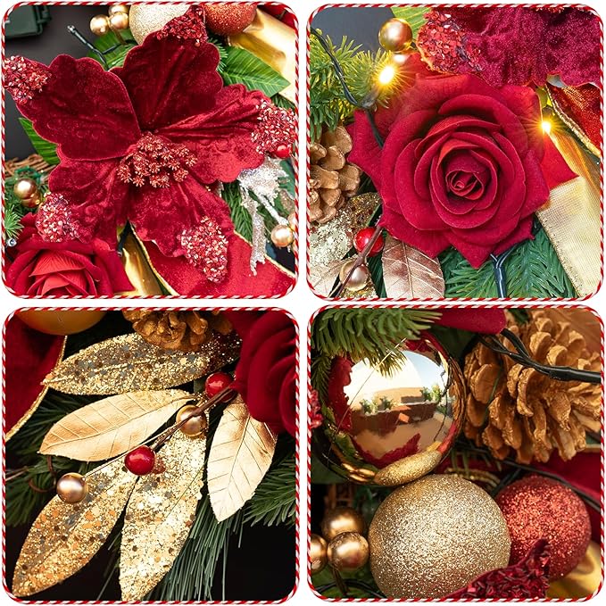 Christmas Wreaths for Front Door, Soomeir 24 Inch Outdoor Christmas Wreath with Lights, Large Prelit Wreath for Holiday Winter Window Outdoor Indoor Xmas
