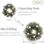 Valery Madelyn 24’ Pre-Lit Christmas Wreath for Front Door with Light, Large Lighted Outdoor Christmas Wreath with Red Green White Xmas Ball Norfolk Pine for Home Porch Fireplace Window Holiday Decor