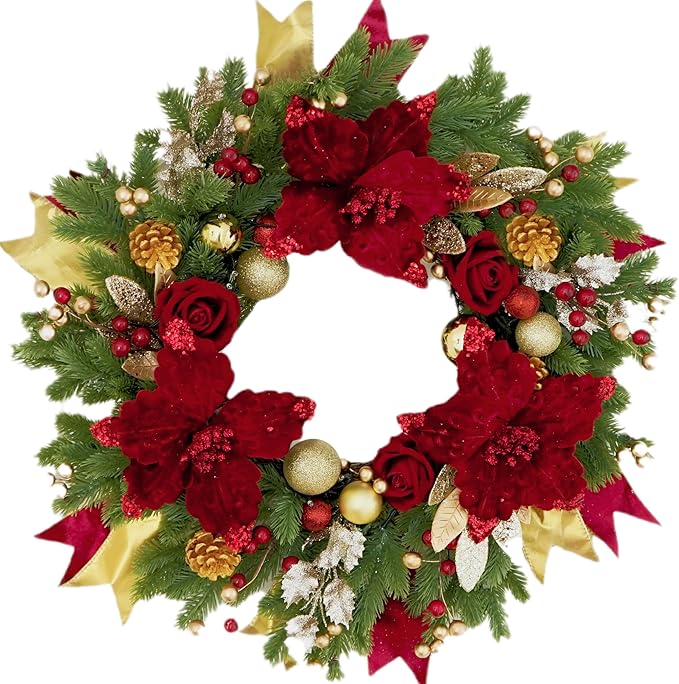 Christmas Wreaths for Front Door, Soomeir 24 Inch Outdoor Christmas Wreath with Lights, Large Prelit Wreath for Holiday Winter Window Outdoor Indoor Xmas