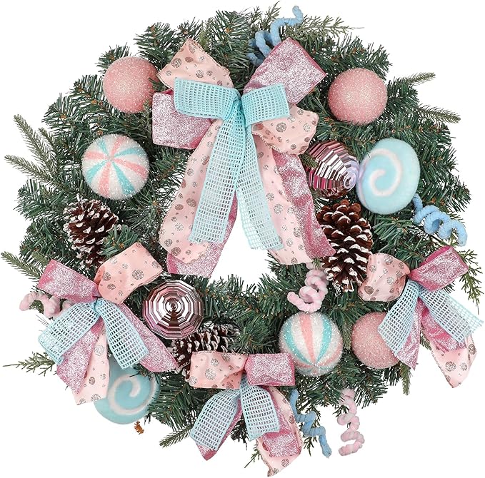 24 inch Pastel Christmas Door Wreath, Candy Cane Pine Wreaths for Front Door with Pink and Blue Ball Pinecones Berries for Fireplace Xmas Decorations, Wall Party Staircase Indoor Outdoor Holiday Decor