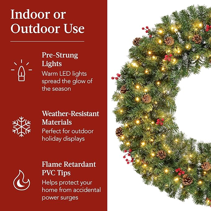 Best Choice Products 30in Pre-Lit Christmas Wreath w/Berries & Pinecones, Large Artificial Indoor/Outdoor Decor for Door, Mantel w/Red Bow, Plug-in