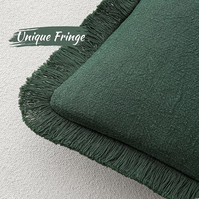 MIULEE Christmas Decorative Throw Pillow Covers Neutral Linen Fringe Throw Pillows Set of 2 Army Green Boho Farmhouse Cushion Covers with Tassels for Couch Sofa Bed Living Room Home Decor 18x18 Inch
