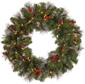 National Tree Company Pre-Lit Artificial Christmas Wreath, Green, Crestwood Spruce, White Lights, Decorated with Pine Cones, Berry Clusters, Christmas Collection, 24 Inches