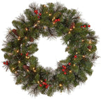 National Tree Company Pre-Lit Artificial Christmas Wreath, Green, Crestwood Spruce, White Lights, Decorated with Pine Cones, Berry Clusters, Christmas Collection, 24 Inches