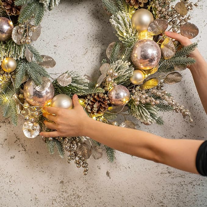 YULETIME 24" Christmas Wreath, Artificial Holiday Wreath with Baubles, Berries, Leaves, Spruce Branches, Snowy Pine Needles (Pink Bauble)