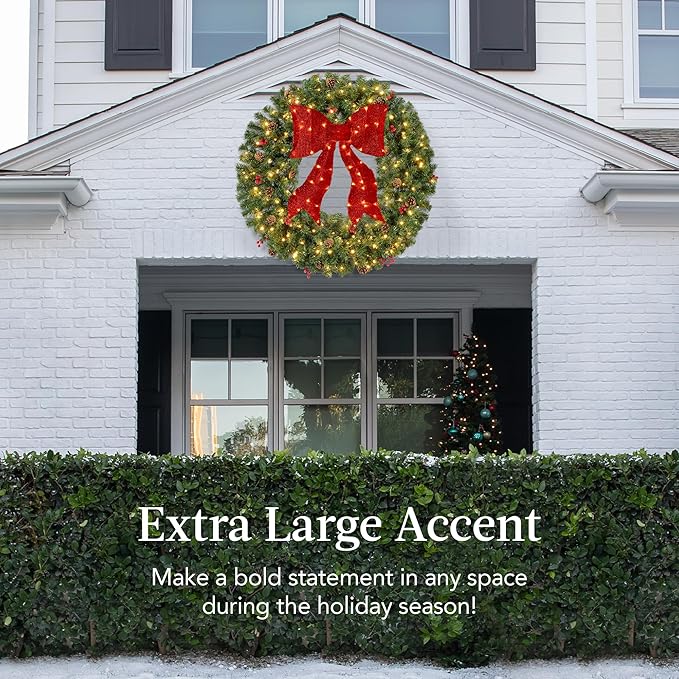 Best Choice Products 30in Pre-Lit Christmas Wreath w/Berries & Pinecones, Large Artificial Indoor/Outdoor Decor for Door, Mantel w/Red Bow, Plug-in