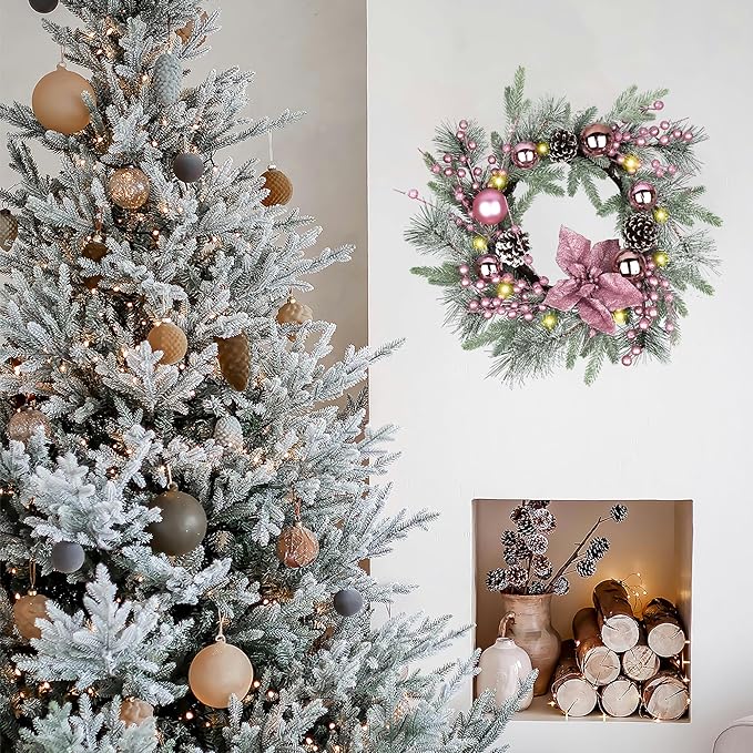 Pink Christmas Wreath 20 Inch Christmas Door Decorations Wreath Set of 2 with Christmas Balls, Pine Cones, Golden Twigs, Pine Needles and Silver Berries,Perfect for Front Door, Indoor Outdoor Use