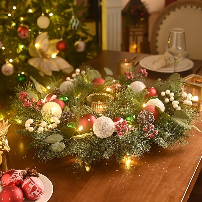 Valery Madelyn 24’ Pre-Lit Christmas Wreath for Front Door with Light, Large Lighted Outdoor Christmas Wreath with Red Green White Xmas Ball Norfolk Pine for Home Porch Fireplace Window Holiday Decor