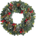 FR Artificial Pre-Lit Fir Christmas Wreath Holiday Accent Decoration, Wintry Pine, Decorated with Pine Cones Berry Clusters Frosted Branches, with LED Lights for Door, Mantel 20 Inch