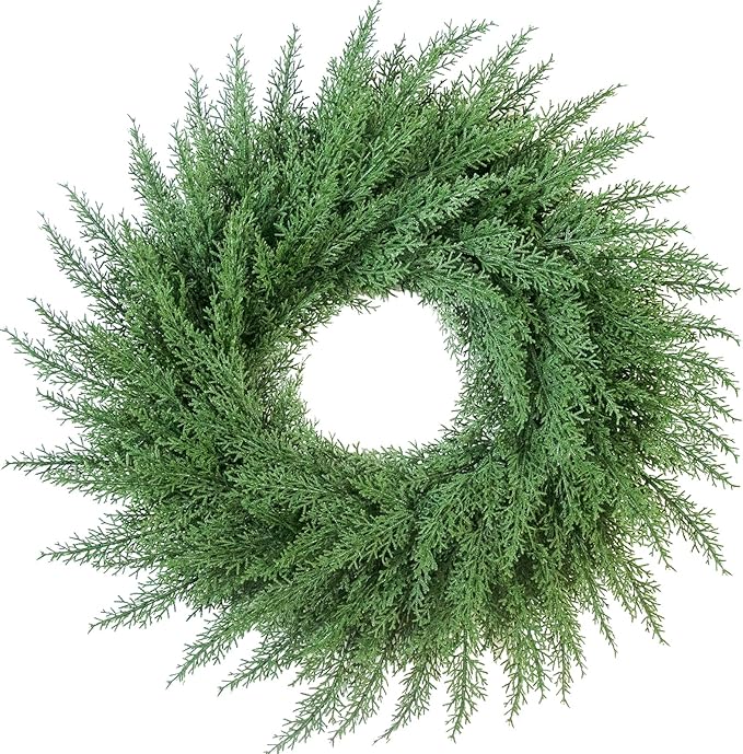 24 Inch Christmas Cedar Cypress Wreath – Artificial Greenery Wreath for Front Door, Farmhouse Holiday Winter Decor and Year-Round Indoor Outdoor Home Decoration