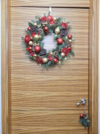 BIG 25" D Pre-lit Christmas Artificial Rose Pine Wreath w Natural Grapevine Base Lotus Seedpod (35 LED Lights, 8 Flash Options) for Xmas Decor at Shop Home Front Door Living Room Wall Window (Battery)