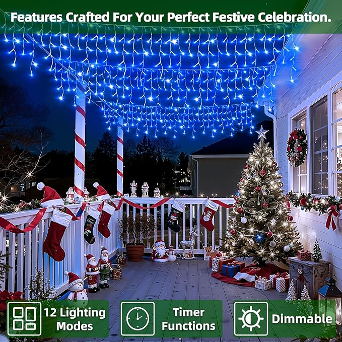 612 LED Christmas Lights with 136 Drops, 60ft 12 Modes Hanging ice String Lights with Timer & Dimmable & Waterproof, Plug-in Fairy Lights for Indoor Tree Holiday Wedding Party Christmas Decor Blue