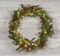 Red Co. 30” Light-Up Christmas Wreath with Pinecones & Evergreens, Battery-Operated LED Lights with Timer