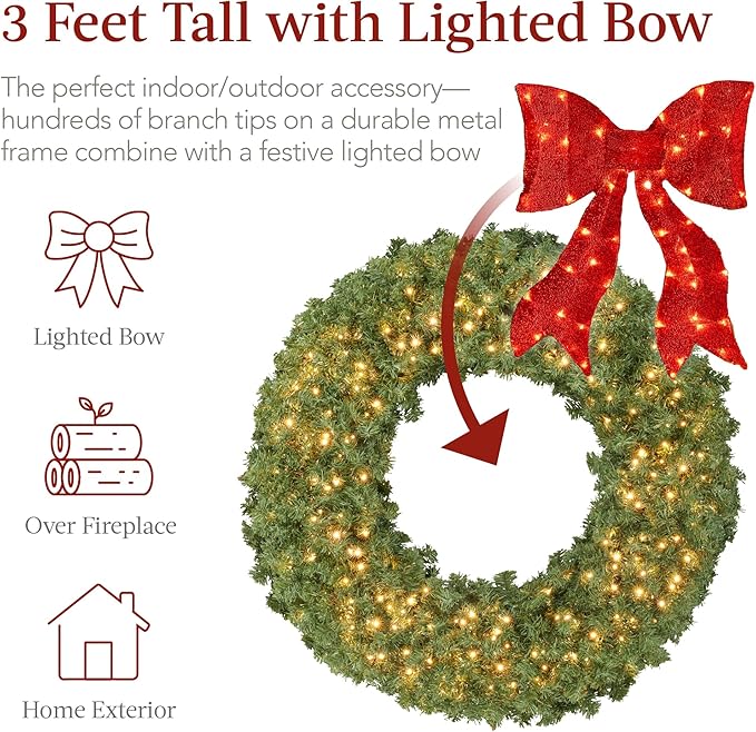Best Choice Products 36in Large Artificial Pre-Lit Fir Christmas Wreath Holiday Accent Decoration for Door, Mantel w/Red Lighted Bow, 150 LED Lights, 300 PVC Tips, Power Plug-in