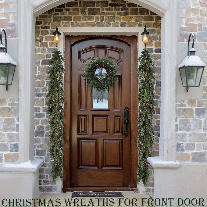 24" Artificial Christmas Wreath -Real Touch Norfolk Pine Wreath for Door,Wall,Windows,Indoor Outdoor -Christmas Wreaths for Front Door-Christmas Decorations-Holiday Decor-Free Battery LED Lights