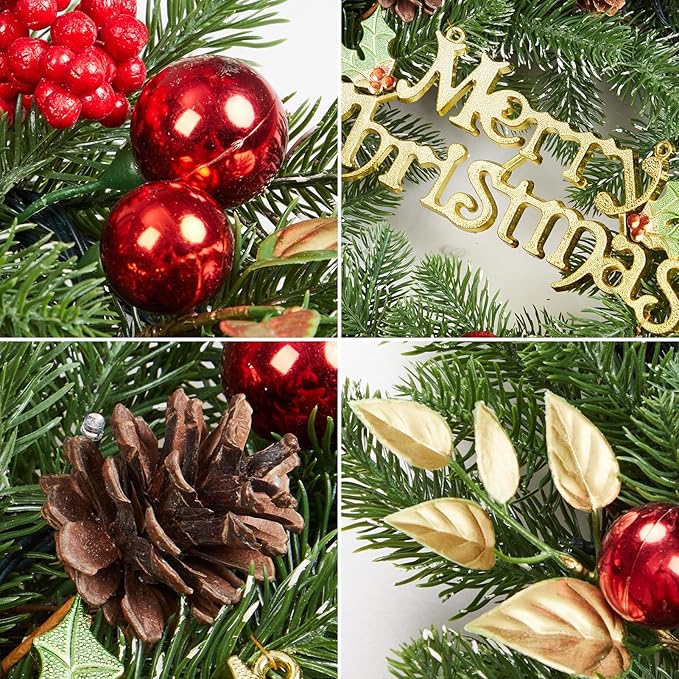 18 Inch Christmas Wreaths for Front Door, Lighted Outdoor Christmas Wreath with 40 LED Lights Timer Pine Cones for Window Fireplace Winter Xmas Decorations, Battery Operated