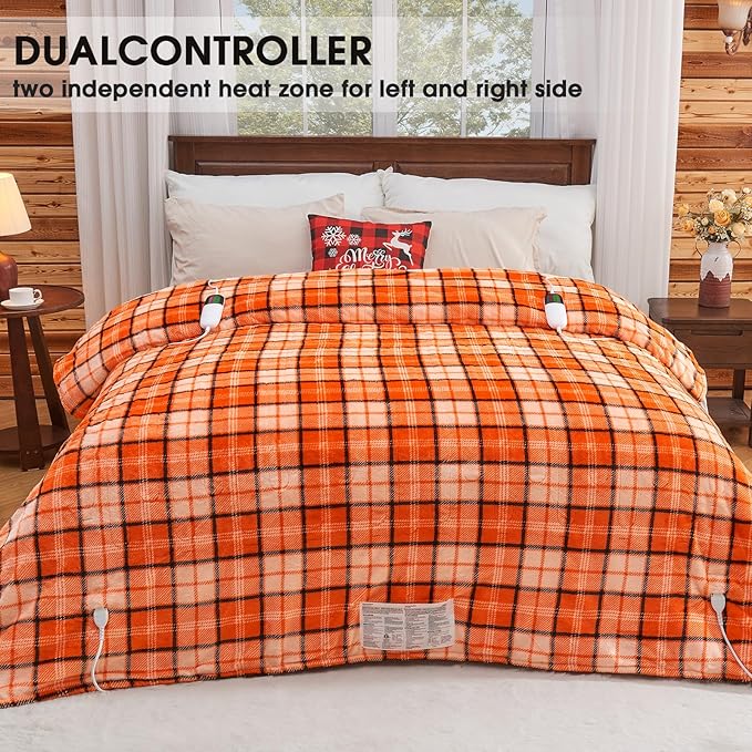 OCTROT Heated Electric Blanket Queen Size, 84X90 Heating Blanket Queen with Dual Control&10 Heats Levels&Timer for Bed,Orange Plaid Sherpa Blankets Warmer Gift for Grandma Women Halloween Home Decor