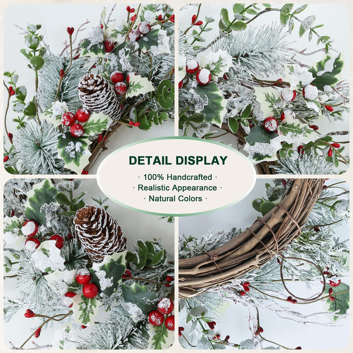 Hometrance Winter Christmas Wreaths for Front Door 20 Inches, Faux Xmas White Red Wreath for Window Outdoor Outside, Artificial Farmhouse Holiday Modern Wreath for Indoor Porch Decor