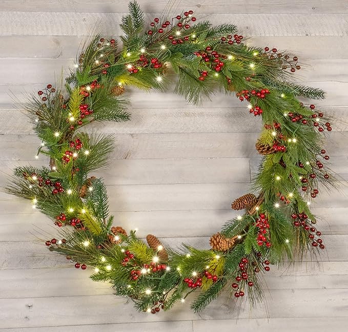 Red Co. 36” Light-Up Christmas Wreath with Pinecones & Evergreens, Battery-Operated LED Lights with Timer