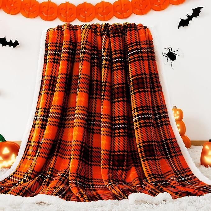 Touchat Sherpa Halloween Plaid Throw Blanket(60" X 70", Plaid Orange), Fuzzy Fluffy Cozy Soft Blanket, Fleece Flannel Plush Twin Size Microfiber Blanket for Couch Bed Sofa