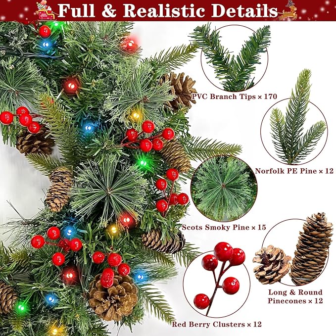 24 Inch Foldable Christmas Wreaths for Front Door, Lighted Christmas Wreath with Pinecones Berried 50 Warm White & Multicolor Lights 8 Modes Timer Norfolk Pine Wreath Xmas Wreaths for Door Wall Window