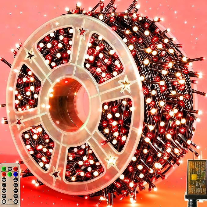 Christmas Lights 500LED 164FT, Waterproof Christmas Tree Lights with 8 Modes, Remote Control 3 Timers & Memory Function Xmas Decorations for House and Holiday (White and Red)
